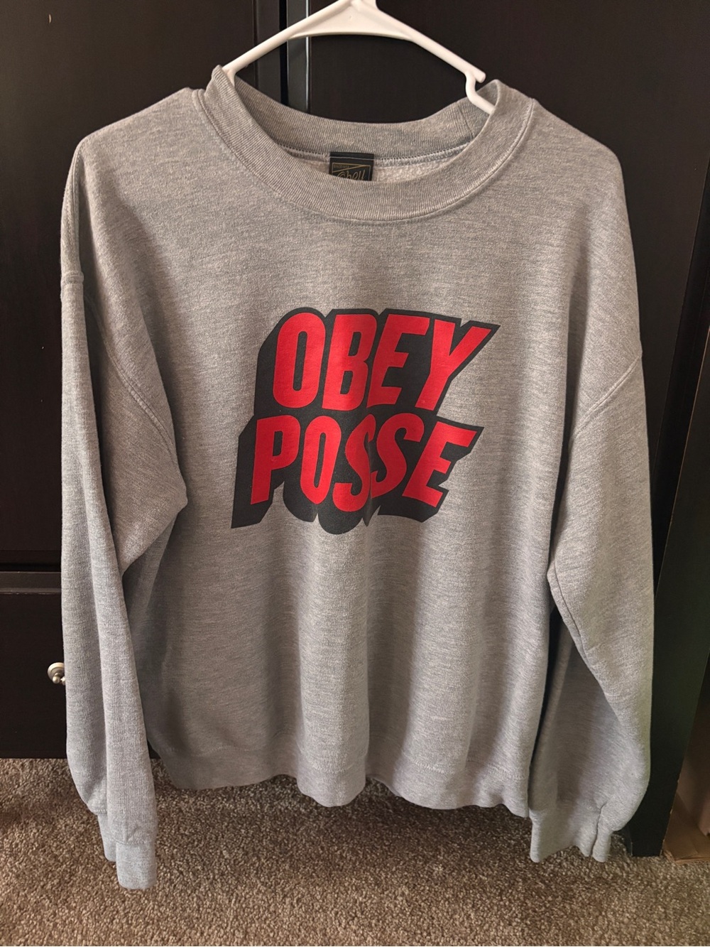 Obey Grey Crewneck Sweatshirt with Red 'Obey Posse' Graphic - Obey